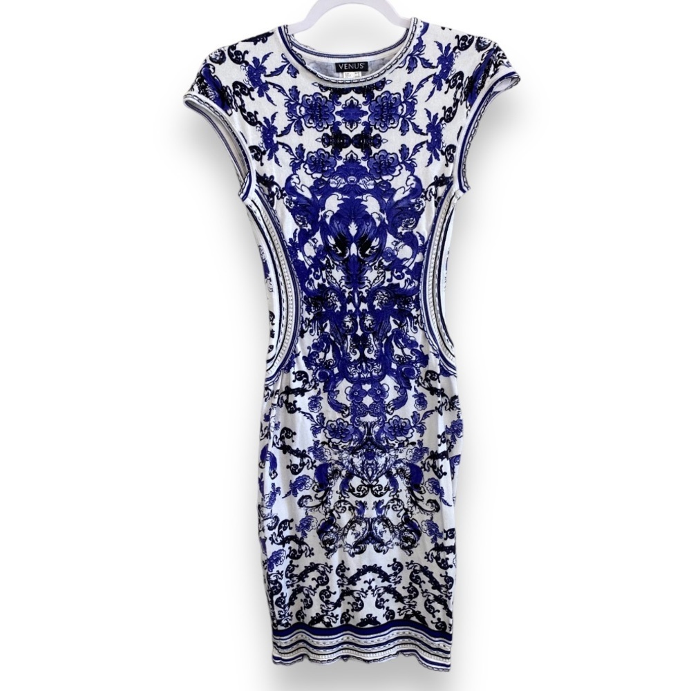 Venus - Fitted Knit Blue/White Midi Dress - Size Small